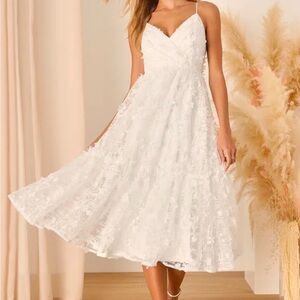 Springtime Soirée White Sequin 3D Floral Appliqué Midi Dress